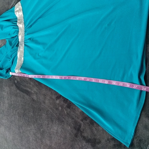 Deep V Teal Sequined Flowy Stretch Dress - Picture 8 of 13